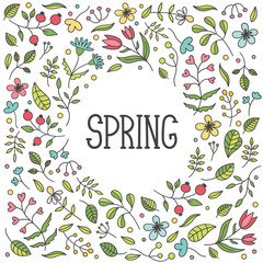 Delicate beautiful spring round frame.Blooming flowers and plants, leaves and twigs.Space for your text.Design of postcards, wedding invitations.Vector Doodle illustration on a white background.