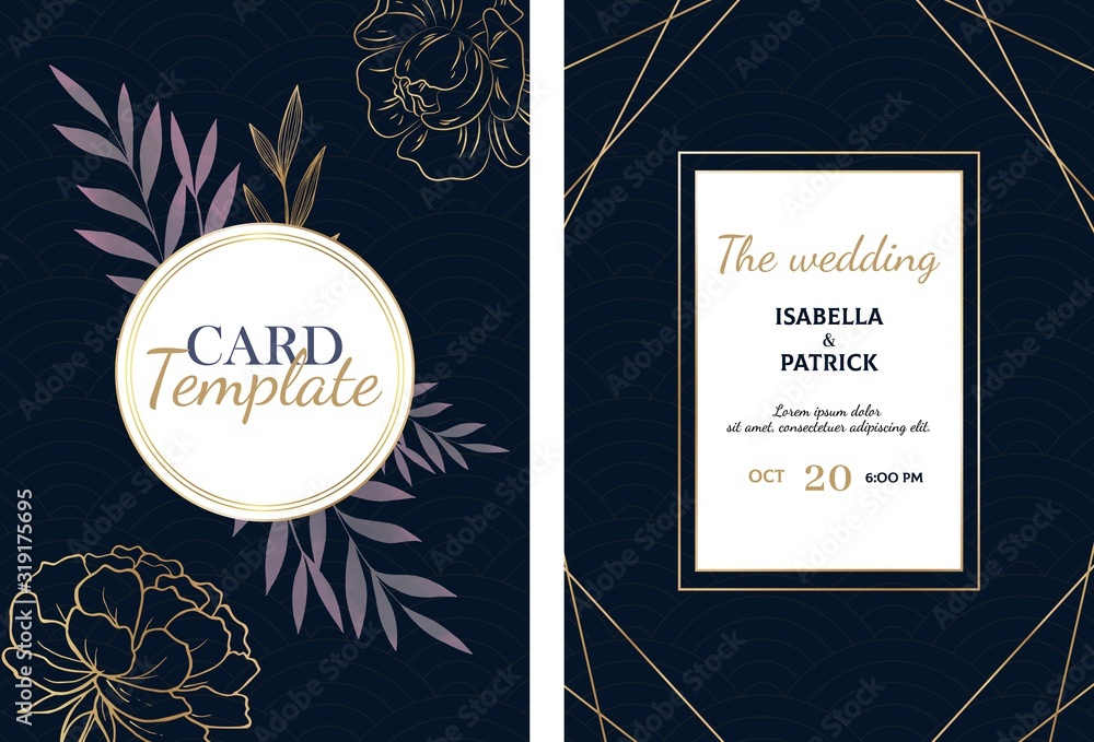 Wall mural luxury wedding card with golden sketch flowers, leaves. marriage card template. vector floral invita