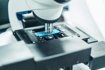 Close-up of the microscope objective and the specimen slide