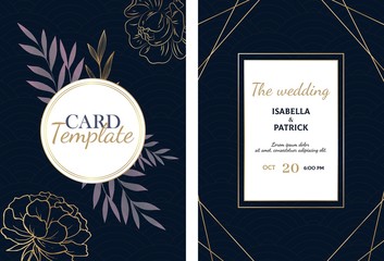 Fototapeta na wymiar Luxury wedding card with golden sketch flowers, leaves. Marriage card template. Vector floral invitation background. Gold objects on dark purple background.