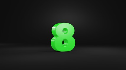 Number 8 in glossy green color on black background, isolated number, 3d render