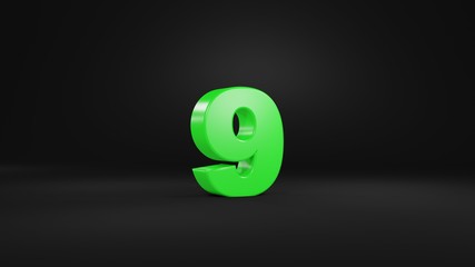 Number 9 in glossy green color on black background, isolated number, 3d render