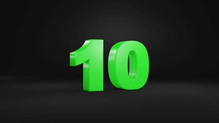 Number 10 in glossy green color on black background, isolated number, 3d render