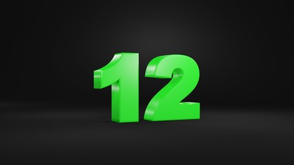 Number 12 in glossy green color on black background, isolated number, 3d render