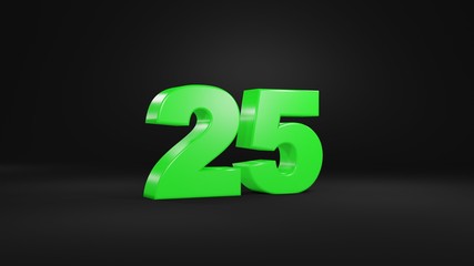 Number 25 in glossy green color on black background, isolated number, 3d render