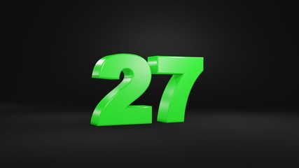 Number 27 in glossy green color on black background, isolated number, 3d render