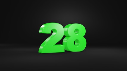 Number 28 in glossy green color on black background, isolated number, 3d render