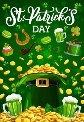 Patricks Day leprechaun gold coins in hat and luck shamrock clover leaf. Vector St Patrick party, Irish holiday celebration, green beer and golden horseshoe, smoking pipe and green cookies