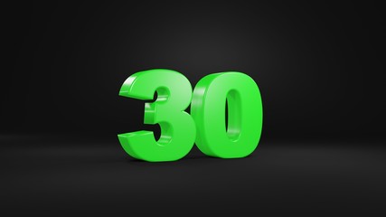 Number 30 in glossy green color on black background, isolated number, 3d render