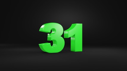Number 31 in glossy green color on black background, isolated number, 3d render