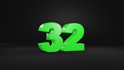 Fototapeta premium Number 32 in glossy green color on black background, isolated number, 3d render