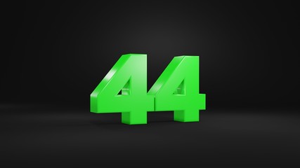 Number 44 in glossy green color on black background, isolated number, 3d render