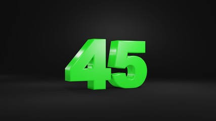 Number 45 in glossy green color on black background, isolated number, 3d render