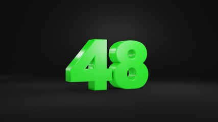 Number 48 in glossy green color on black background, isolated number, 3d render