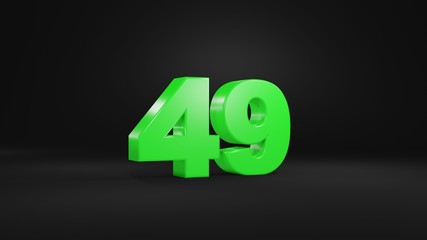 Number 49 in glossy green color on black background, isolated number, 3d render