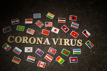 Word coronavirus with national flags 