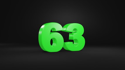 Number 63 in glossy green color on black background, isolated number, 3d render