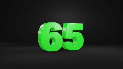 Number 65 in glossy green color on black background, isolated number, 3d render