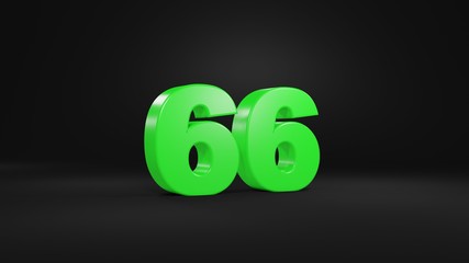 Number 66 in glossy green color on black background, isolated number, 3d render