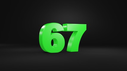 Number 67 in glossy green color on black background, isolated number, 3d render