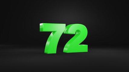 Number 72 in glossy green color on black background, isolated number, 3d render