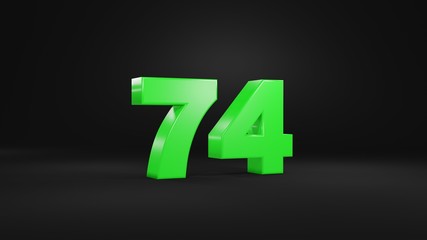Number 74 in glossy green color on black background, isolated number, 3d render