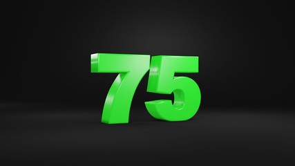 Number 75 in glossy green color on black background, isolated number, 3d render
