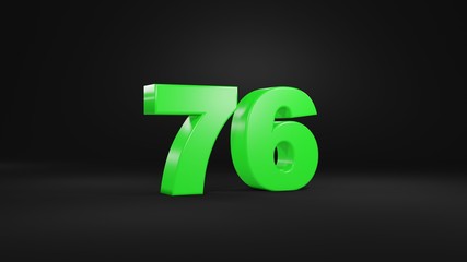 Number 76 in glossy green color on black background, isolated number, 3d render