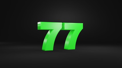 Number 77 in glossy green color on black background, isolated number, 3d render