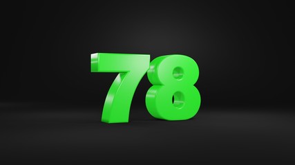 Number 78 in glossy green color on black background, isolated number, 3d render