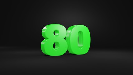 Number 80 in glossy green color on black background, isolated number, 3d render
