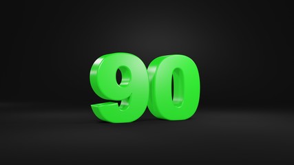 Number 90 in glossy green color on black background, isolated number, 3d render