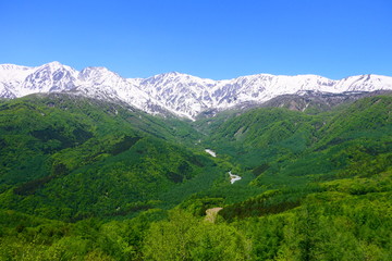 Fototapeta na wymiar 中部山岳国立公園。北アルプス、白馬三山。白馬、長野、日本。5月下旬。