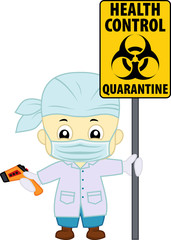 vector cute doctor with non-contact thermometr and biohazard sign