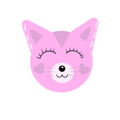 Cute pink vector cat with hearts on cheeks. Cartoon illustration of happy cat face