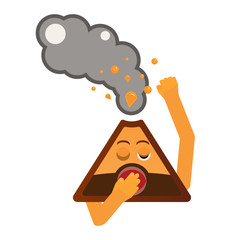 Volcano awakening, eruption, begins to wake up, opens his eyes, yawns, closes his mouth with his hand and stretches.  Sign symbol, icon, ash, lava, fire. vector illustration