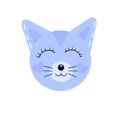 Cute blue vector cat with hearts on cheeks. Cartoon illustration of anime cat face