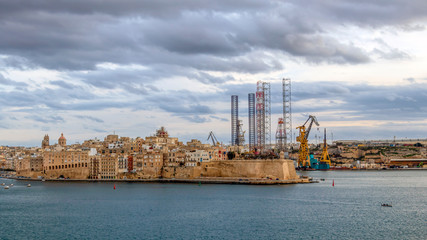 Grand Harbour of Malta, waterfront with St. Angelo Fort and Cabi Isla, Senglea at the background,...