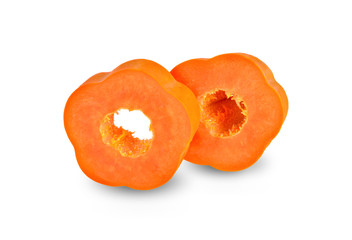 unpeeled and sliced ripe papaya on white background