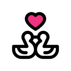 love and wedding related ducks kiss with hearts vector with editable stroke,