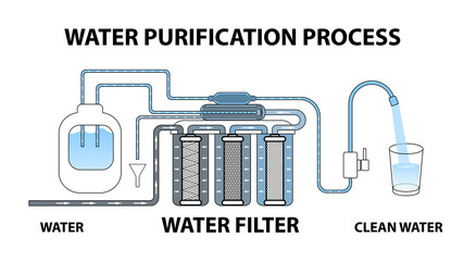 The process of water purification through a reverse osmosis filter. Dirty water becomes clean. Multi-stage circuit. Cartridges. Glass. Tap. Vector