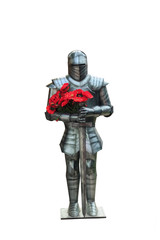 Naklejka premium Knight in heavy metal armor with poppy flowers isolated on white background