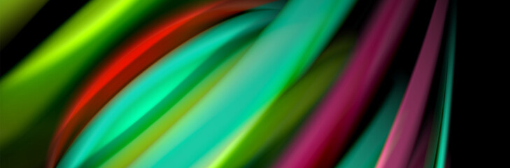 Silk and smooth flow wave poster design. Color waves, liquid style lines and shapes in black color background