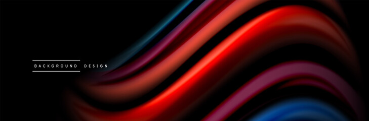 Silk and smooth flow wave poster design. Color waves, liquid style lines and shapes in black color background