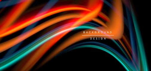 Abstract silk smooth lines on black, multicolored liquid fluid rainbow style waves on black