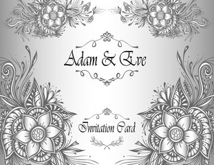 Template Wedding Invitation or congratulation with abstract flowers or bouquet in silver or for Post Card or for flourish decoration flyer or banner of cosmetic or perfume