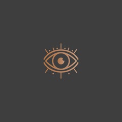 Abstract outline Eye, eyelashes. Golden gradient. Wide open eye. Minimalistic Look and Vision Icon, logo. Graphic vector eye. Simple design. Trendy illustration