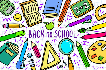 Concept of education. School background with hand drawn school supplies and comic speech bubble