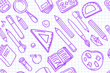 Concept of education. School background with hand drawn school supplies and comic speech bubble