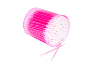 Fototapeta na wymiar Pink box with cotton sticks